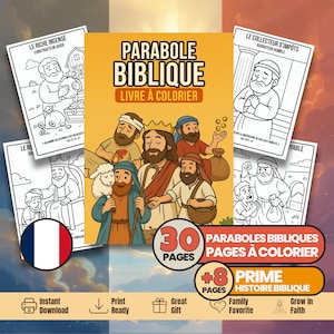 May include: A coloring book titled "Parable Biblique" with illustrations of biblical parables. The cover features a group of figures, and the book includes 30 pages of parables to color, plus 8 prime pages of biblical history.