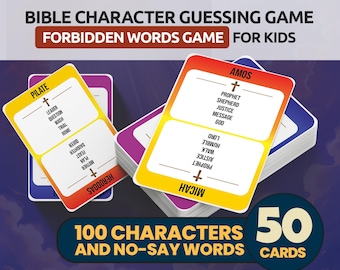 Op de afbeelding: Een Bijbelse personage-raadspel voor kinderen. Het spel bevat 50 kaarten met 100 personages en verboden woorden. De kaarten zijn in stapels met kleurrijke randen en tonen bijbelse figuren zoals Pilatus en Amos.