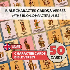 Bijbelkarakterkaarten voor kinderen – Afdrukbare christelijke flashcards met verzen | Leermiddel geloof voor gezinnen en zondagsschool