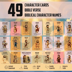 Cartes de personnages bibliques pour enfants – Flashcards chrétiens imprimables avec versets | Outil d'apprentissage de la foi pour les familles et l'école du dimanche