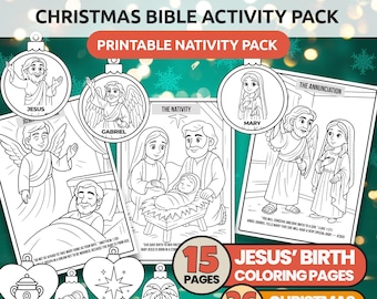 Könnte beinhalten: Ein Weihnachts-Bibel-Aktivitätspaket mit ausdruckbaren Krippenseiten. Das Paket enthält 15 Ausmalbilder und 36 Christbaumschmuck. Die Bilder zeigen Jesus, Gabriel, Maria und Szenen der Geburt Christi.