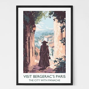 Póster de viaje literario vintage de Cyrano de Bergerac, Alejandro Dumas, novela de aventuras clásica, regalo literario, decoración con impresión artística retro