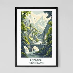 Póster de viaje vintage de Rivendel / Impresión de pared de la Tierra Media / J. R. R. Tolkien / Ficción clásica / Regalo de libro / Decoración de pared para el hogar / Póster de arte de libro