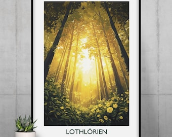 Digital Lothlorien Vintage Travel Poster | Middle-earth Wall Print  | J R R Tolkien | Classic Fiction | Book Gift | Wall Art Home Decor |