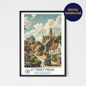 Poster di viaggio in stile vintage di Agatha Christie St Mary Mead / Classico romanzo poliziesco / Regalo per gli amanti dei libri / Stampa artistica da parete / Download digitale