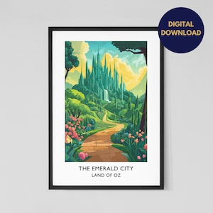 May include: A digital illustration of the Emerald City from the Wizard of Oz. The city is green and has tall towers. A yellow brick road leads to the city, surrounded by lush green trees and flowers.