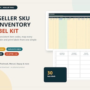 May include: A digital reseller SKU and inventory label kit featuring a spreadsheet interface with 300 SKU rows, a duplicate check function, and a template for 30 printable item labels. The kit supports Excel, PDF, US Letter, and A4 formats.