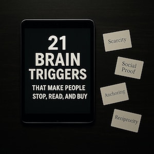 May include: A black tablet displaying the white text 21 BRAIN TRIGGERS THAT MAKE PEOPLE STOP, READ, AND BUY. Four small white rectangular cards are arranged to the right, each labeled with the terms Scarcity, Social Proof, Anchoring, and Reciprocity.