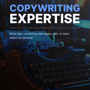 Puede incluir: Una m&aacute;quina de escribir vintage con cuerpo negro y teclas plateadas. El texto "COPYWRITING EXPERTISE" se muestra en letras azules sobre la m&aacute;quina de escribir. Debajo de la m&aacute;quina de escribir, el texto "Write high-converting web pages, ads, or sales letters on demand." se muestra en blanco.