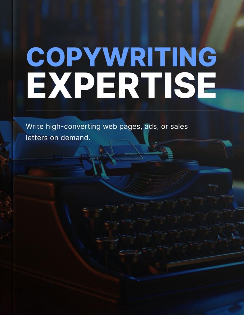 Puede incluir: Una m&aacute;quina de escribir vintage con cuerpo negro y teclas plateadas. El texto "COPYWRITING EXPERTISE" se muestra en letras azules sobre la m&aacute;quina de escribir. Debajo de la m&aacute;quina de escribir, el texto "Write high-converting web pages, ads, or sales letters on demand." se muestra en blanco.