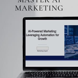 Könnte beinhalten: Ein Laptop zeigt eine Präsentation mit dem Titel "KI-gestütztes Marketing: Automatisierung für Wachstum nutzen". Der Bildschirm zeigt ein blau-weißes Design mit den Worten "Marketingexperte". Der Text "MASTER AI MARKETING" steht über dem Laptop. Der Satz "BOOST ENGAGEMENT WITH PROVEN TOOLS" steht unten.