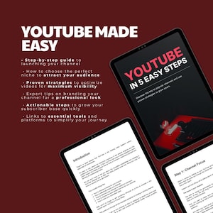 May include: A red and black digital tablet with the text "YouTube in 5 Easy Steps" on the screen. The text "Discover the key to popular channels and use proven strategies to grow yours." is also on the screen. The tablet is on a red background.