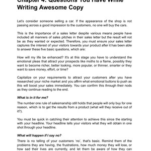 Puede incluir: Una p&aacute;gina de texto de un libro sobre c&oacute;mo escribir textos de ventas. El texto habla de la importancia de una carta de ventas y c&oacute;mo escribir una que capte el inter&eacute;s de los clientes potenciales. El texto incluye las siguientes preguntas: &iquest;C&oacute;mo se mejorar&aacute; mi vida? &iquest;Qu&eacute; gano con esto? &iquest;Qu&eacute; pasar&aacute; si digo que no?