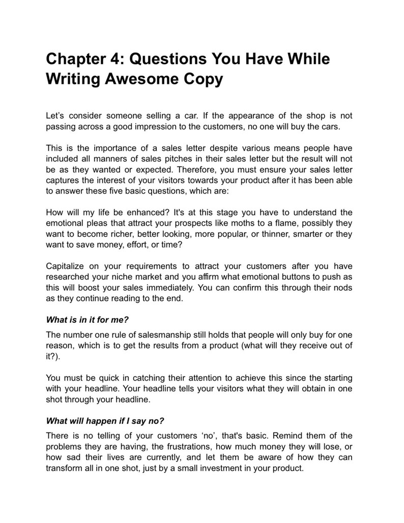 Puede incluir: Una p&aacute;gina de texto de un libro sobre c&oacute;mo escribir textos de ventas. El texto habla de la importancia de una carta de ventas y c&oacute;mo escribir una que capte el inter&eacute;s de los clientes potenciales. El texto incluye las siguientes preguntas: &iquest;C&oacute;mo se mejorar&aacute; mi vida? &iquest;Qu&eacute; gano con esto? &iquest;Qu&eacute; pasar&aacute; si digo que no?