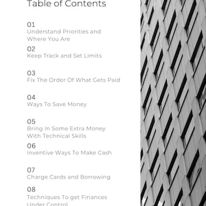 May include: A black and white image of a building with a table of contents for a financial intelligence guide. The table of contents includes topics such as understanding priorities, saving money, and getting out of debt.