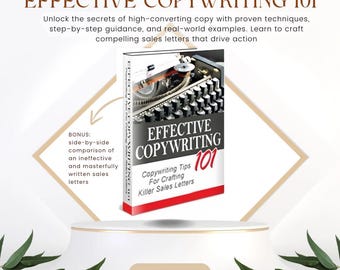 以下が含まれることがあります： ビンテージのタイプライターが表紙の書籍。タイトルは「Effective Copywriting 101: Copywriting Tips for Crafting Killer Sales Letters」です。