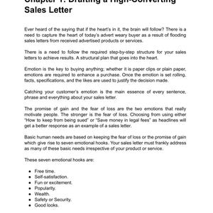 Puede incluir: Un documento de texto en blanco y negro con el t&iacute;tulo "Cap&iacute;tulo 1: Redacci&oacute;n de una carta de ventas de alta conversi&oacute;n". El documento trata sobre la importancia de la emoci&oacute;n en las cartas de ventas y enumera siete ganchos emocionales para usar en la copia de ventas.