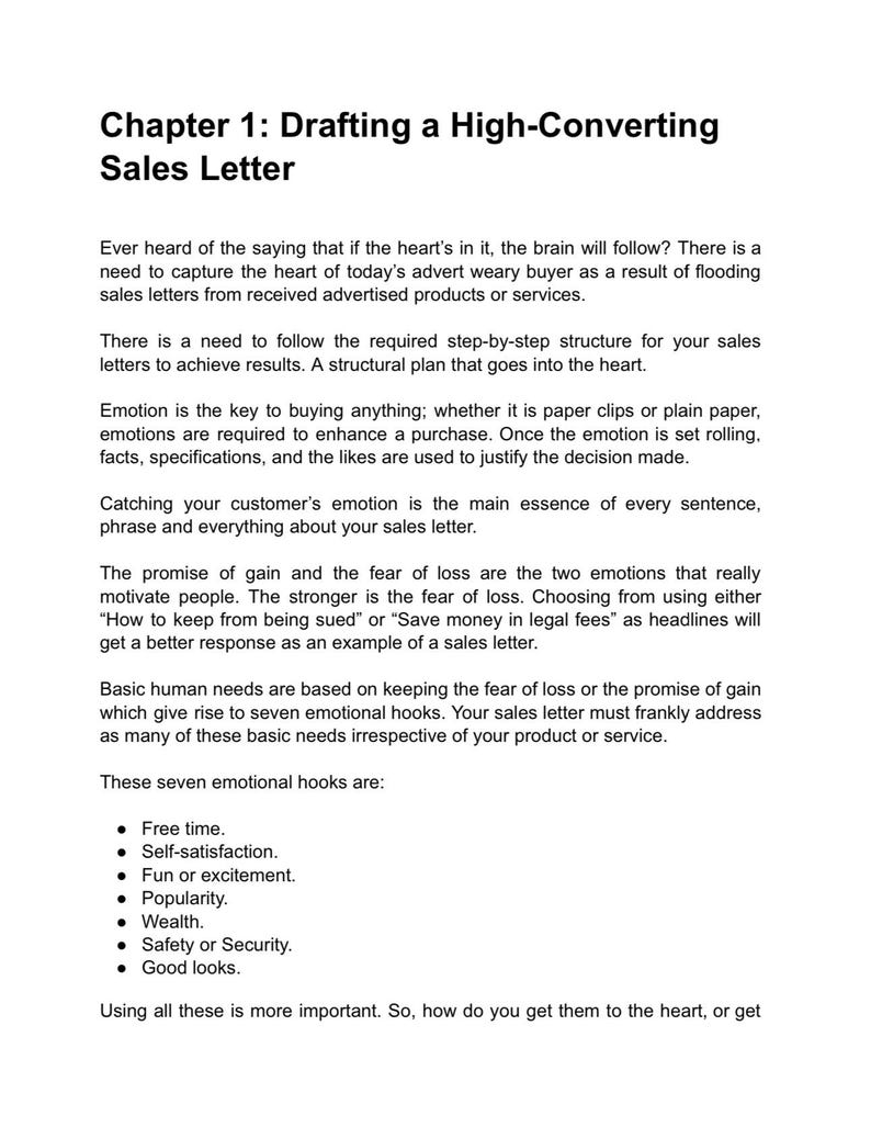 Puede incluir: Un documento de texto en blanco y negro con el t&iacute;tulo "Cap&iacute;tulo 1: Redacci&oacute;n de una carta de ventas de alta conversi&oacute;n". El documento trata sobre la importancia de la emoci&oacute;n en las cartas de ventas y enumera siete ganchos emocionales para usar en la copia de ventas.