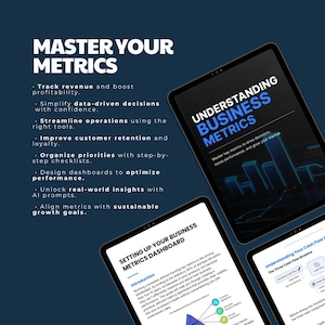 Könnte beinhalten: Ein blaues und weißes digitales Tablet mit dem Text "Understanding Business Metrics" auf dem Bildschirm. Der Text "Master key metrics to drive decisions, boost performance, and grow your startup" ist ebenfalls auf dem Bildschirm zu sehen. Das Tablet befindet sich auf einem dunkelblauen Hintergrund.