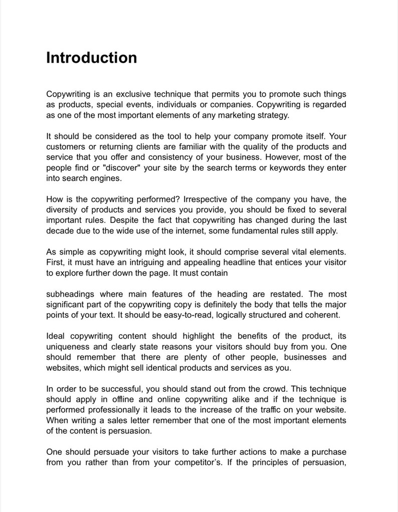 Puede incluir: Un documento de texto que describe la importancia del copywriting para promover productos, servicios y empresas. El documento destaca la necesidad de una escritura clara, concisa y persuasiva para atraer clientes e impulsar las ventas.