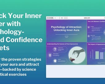 May include: A computer screen displaying a presentation about the psychology of attraction and how to unlock your inner aura. The presentation includes a SWOT analysis, a diagram about first impressions, and a chart about the impact of appearance on perception.