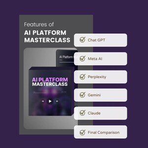 May include: A graphic with the text "Features of AI PLATFORM MASTERCLASS" and a list of AI platforms including Chat GPT, Meta AI, Perplexity, Gemini, Claude, and Final Comparison.