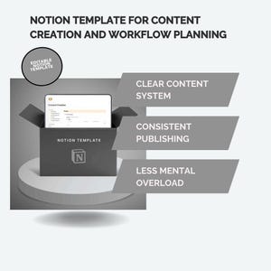 Puede incluir: Imagen de producto digital con una caja gris oscura con la inscripción "NOTION TEMPLATE" y un logotipo "N" estilizado. Dentro de la caja, una tableta muestra una plantilla de creación de contenido. El texto destaca un sistema de contenido claro, publicación consistente y menos sobrecarga mental.