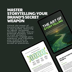 May include: A digital marketing guide titled "The Art of Storytelling" with a green and blue river flowing through a dark landscape. The guide includes tips on how to connect authentically, build trust, and elevate your personal brand.