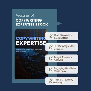 Puede incluir: Una portada de ebook azul y blanca con el t&iacute;tulo "Copywriting Expertise" y una m&aacute;quina de escribir vintage. El ebook presenta consejos para escribir cartas de ventas de alta conversi&oacute;n, estrategias SEO, an&aacute;lisis de la audiencia objetivo, titulares atractivos y la construcci&oacute;n de confianza y credibilidad.