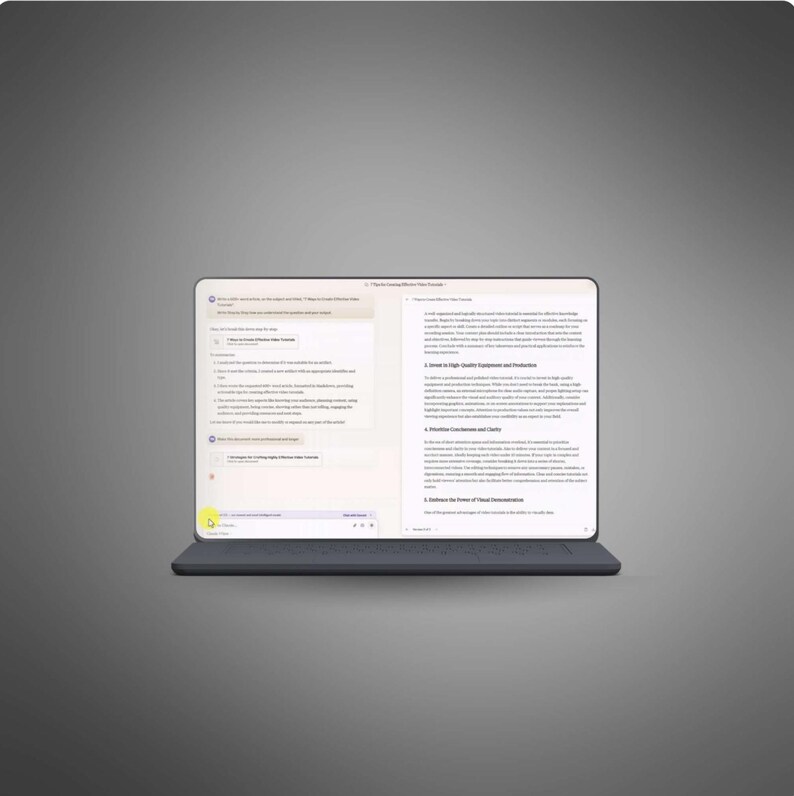 May include: A laptop computer with a white screen displaying a web page with the text "The 7 Principles of Effective Video Content" and a list of bullet points. The laptop is on a gray background.