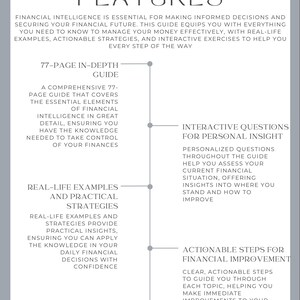 May include: A white and gray infographic with the title "Overview Features" and a list of features for a financial guide. The features include a 77-page in-depth guide, real-life examples and practical strategies, interactive questions for personal insight, and actionable steps for financial improvement.