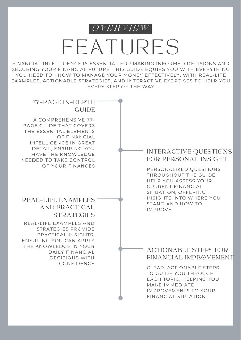 May include: A white and gray infographic with the title "Overview Features" and a list of features for a financial guide. The features include a 77-page in-depth guide, real-life examples and practical strategies, interactive questions for personal insight, and actionable steps for financial improvement.