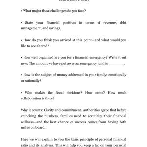 May include: A black and white text document with the title "The Start Point" and a list of questions about personal finances. The text includes questions about financial challenges, positives, emergency funds, and family financial decisions.