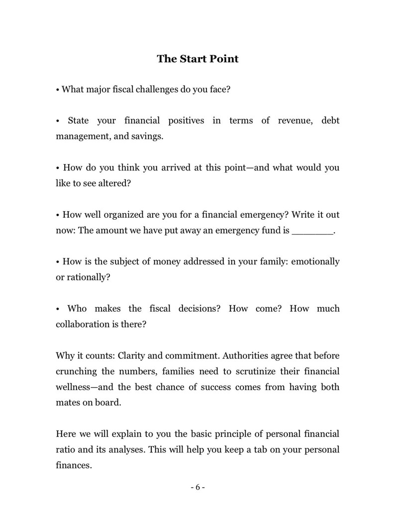 May include: A black and white text document with the title "The Start Point" and a list of questions about personal finances. The text includes questions about financial challenges, positives, emergency funds, and family financial decisions.