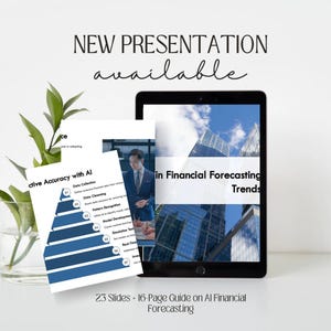 May include: A presentation on using artificial intelligence (AI) in financial forecasting. The presentation includes a blue pyramid chart with the steps involved in AI forecasting, and a text overlay that says "New Presentation Available".