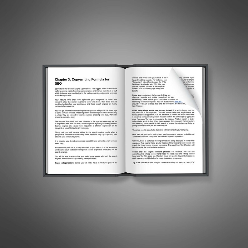 Puede incluir: Un libro abierto con un cap&iacute;tulo titulado "F&oacute;rmula de redacci&oacute;n publicitaria para SEO". El texto trata sobre la importancia de usar palabras clave en el contenido del sitio web para mejorar la optimizaci&oacute;n de los motores de b&uacute;squeda. El libro est&aacute; abierto en una p&aacute;gina con el encabezado "Categorizaci&oacute;n de p&aacute;ginas".