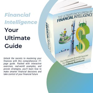 以下が含まれることがあります： 黄色いヘルメットをかぶった人が緑色のドル記号を建設している本の表紙。本のタイトルは「The Ultimate Encyclopedia of Financial Intelligence」。本の表紙は青と白で、黄色と緑のドル記号が描かれている。