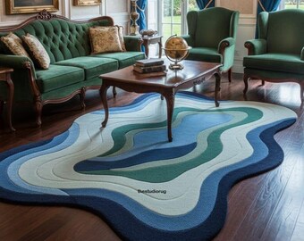 Contemporary freeform ocean flow design hand tufted wool rug for any interior spaces.
