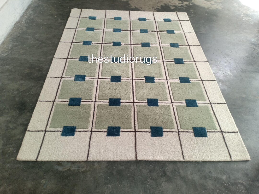 Handmade Wool Rug: Modern Green & Blue Grid Pattern - Etsy