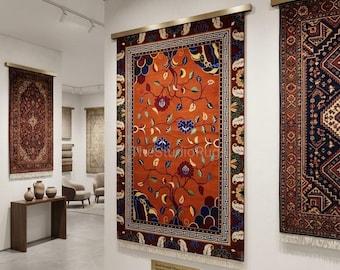 Alfombra de lana anudada a mano, alfombra floral naranja, alfombra oriental vintage, alfombra hecha a mano para sala de estar, alfombra de estilo persa tradicional.