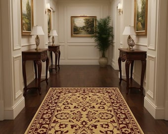 Handgetufteter Wollteppich: Traditionelle Blumenborte, Beige & Burgund