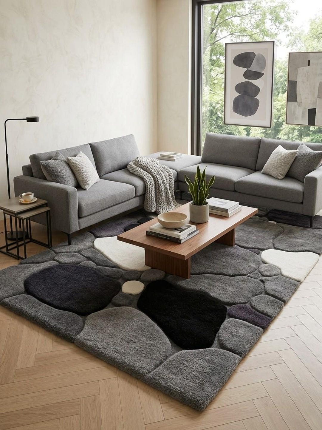 Hand Tufted Pebble Rug, Modern Stone Pattern Rug, Grey Black White Area ...