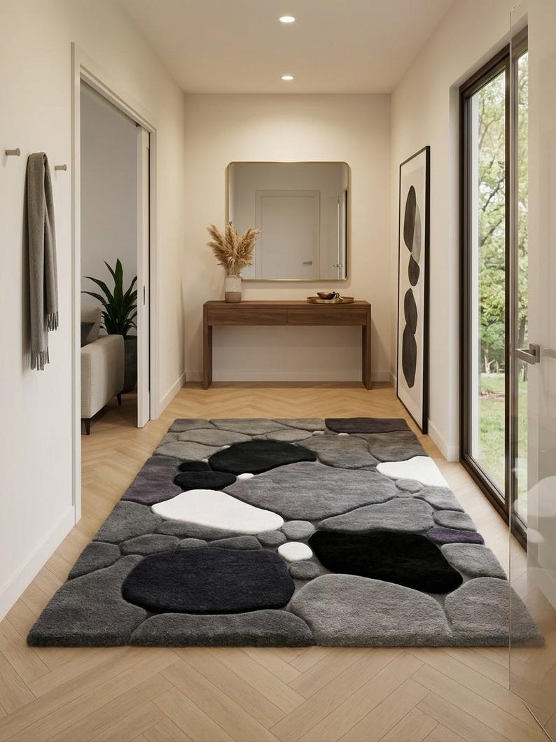Hand Tufted Pebble Rug, Modern Stone Pattern Rug, Grey Black White Area ...