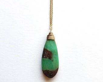 Chrysoprase Necklace with Gold Filled Chain Handmade in Seattle, Green and Brown Natural Gem Statement Necklace Handmade Gift for Her