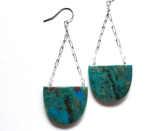 Chrysocolla and Silver Statement Earrings, Holiday Shop Small Gift, Big Bold Modern, Made in Seattle, Natural Gemstone Jewelry, Gift for Her