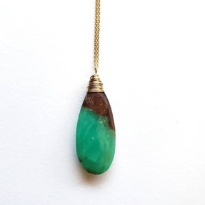 Chrysoprase Necklace with Gold Filled Chain Handmade in Seattle, Green and Brown Natural Gem Statement Necklace Handmade Gift for Her