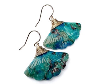 BOTANICAL COLLECTION - Chrysocolla & Gold Filled Carved Ginkgo Earrings, plant inspired jewelry, leaf shaped gemstones, blue and gold gift
