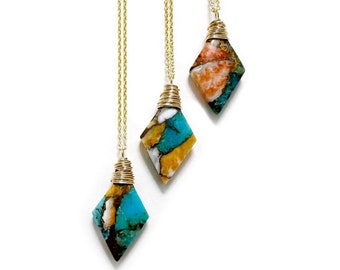 Spiny Oyster Turquoise Copper Stone with Gold Fill Necklace,  Smooth Gem Layering Jewelry, Gift for Her,  Orange and Blue