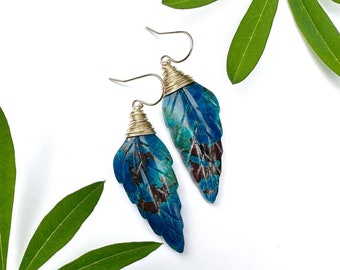 BOTANICAL COLLECTION - Chrysocolla & Gold Filled Dangle Earrings, carved natural leaf stone jewelry, plant and tree inspired gemstone gift