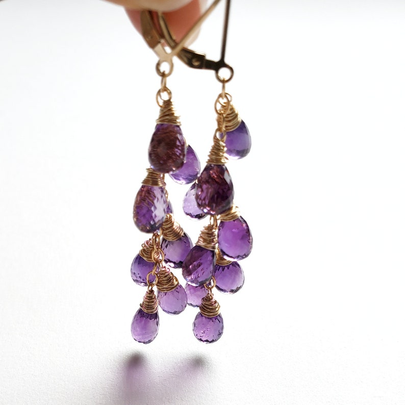 Amethyst Cascade Earrings with Gold Fill, February Birthstone Jewelry, Purple Natural Gemstones, Ready to Ship Gift for Her, Metaphysical image 4